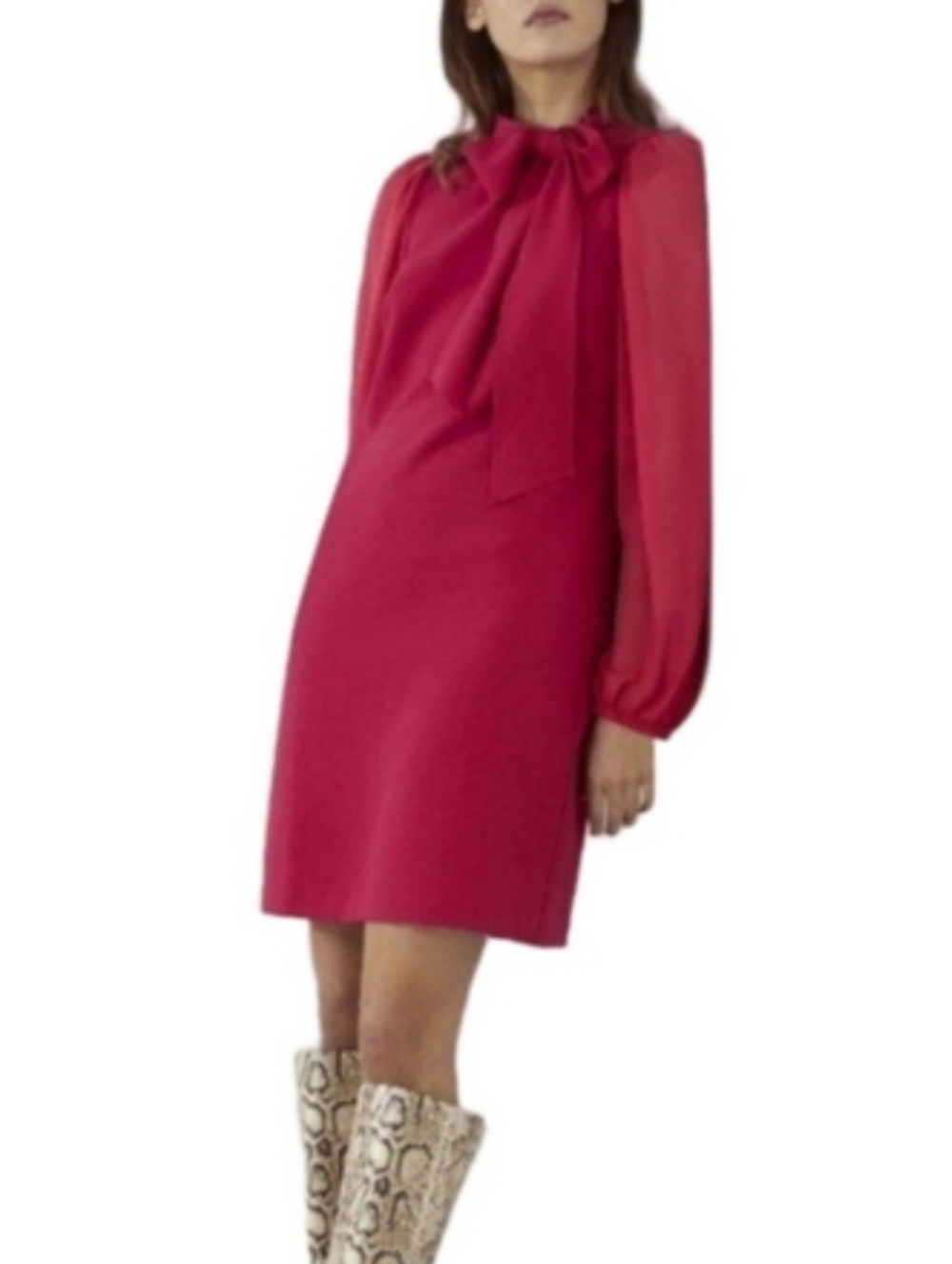 Vince Camuto Raspberry Pink Fucshia Bow Neck Long Puff Sleeve Shift Dress